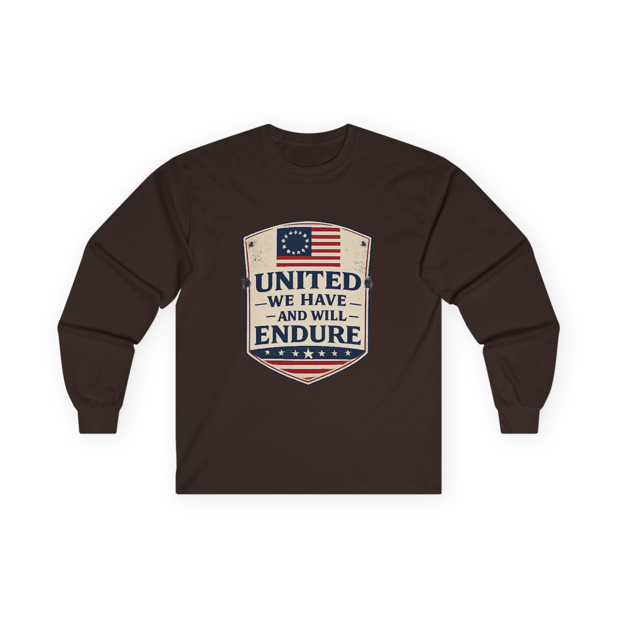 Long Sleeve Tee — "United We Have and Will Endure" Patriotic Shield
