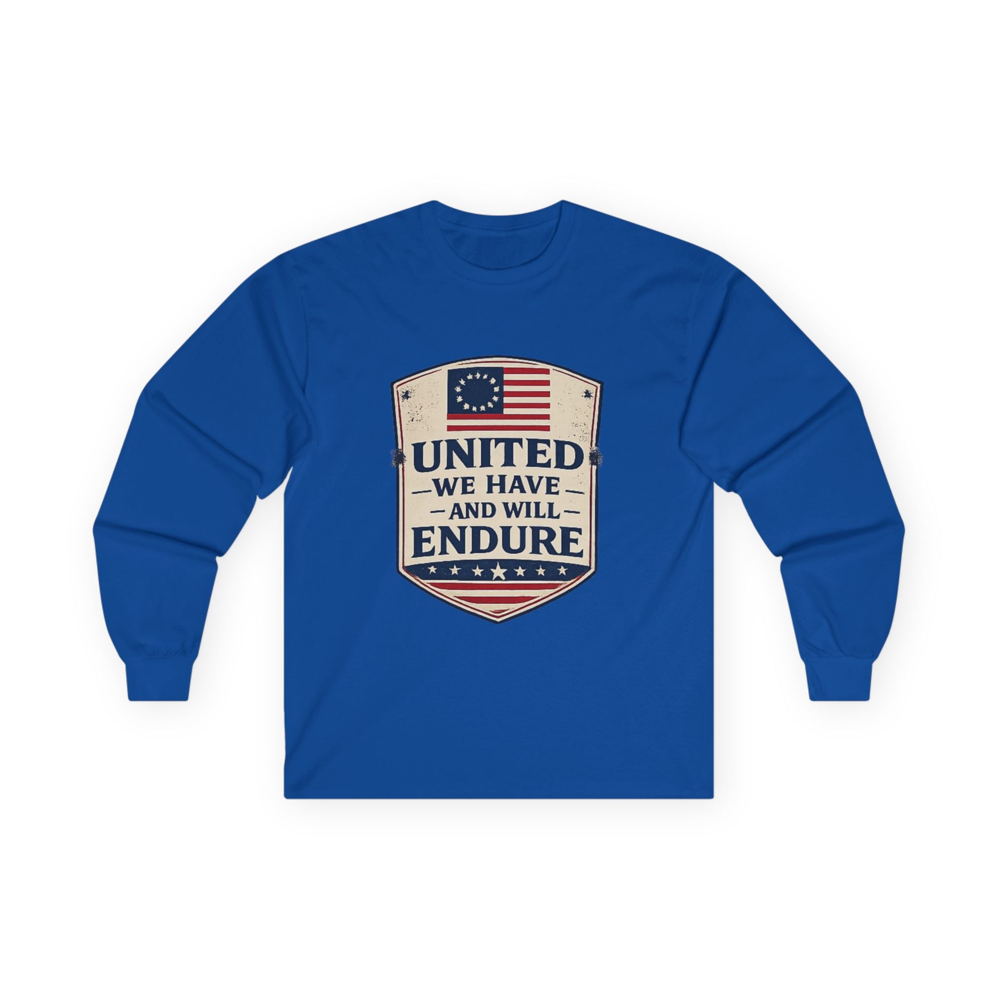Long Sleeve Tee — "United We Have and Will Endure" Patriotic Shield